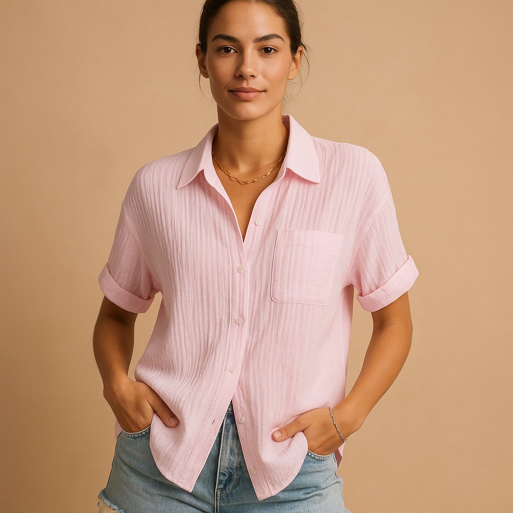 Dames Relaxed-Fit Linnen Korte Mouw Overhemd - Pink