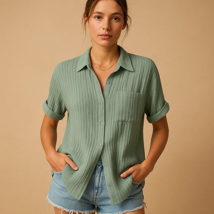 Dames Relaxed-Fit Linnen Korte Mouw Overhemd - Green