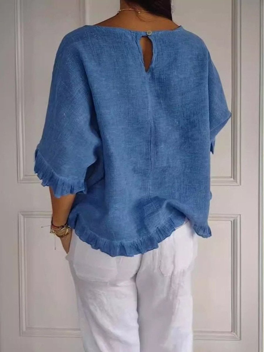Dames Relaxed-Fit Linnen Ruffle Blouse Halve Mouwen