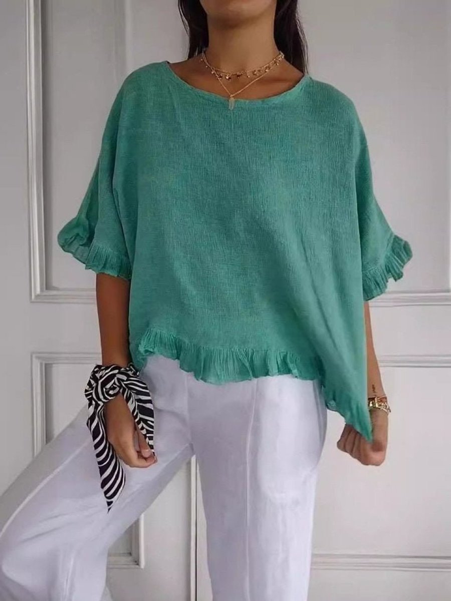 Dames Relaxed-Fit Linnen Ruffle Blouse Halve Mouwen - Green