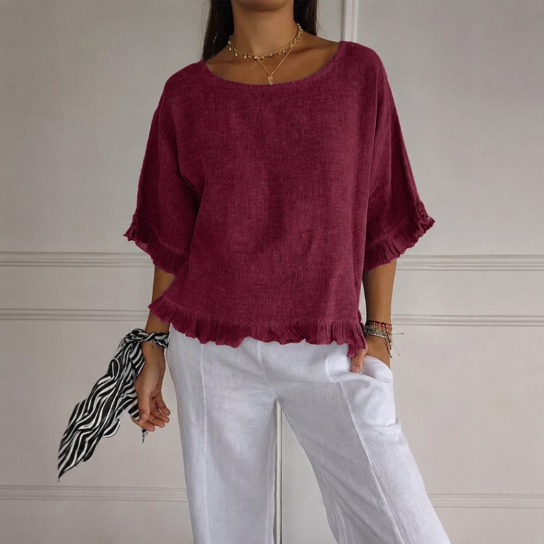 Dames Relaxed-Fit Linnen Ruffle Blouse Halve Mouwen - Red