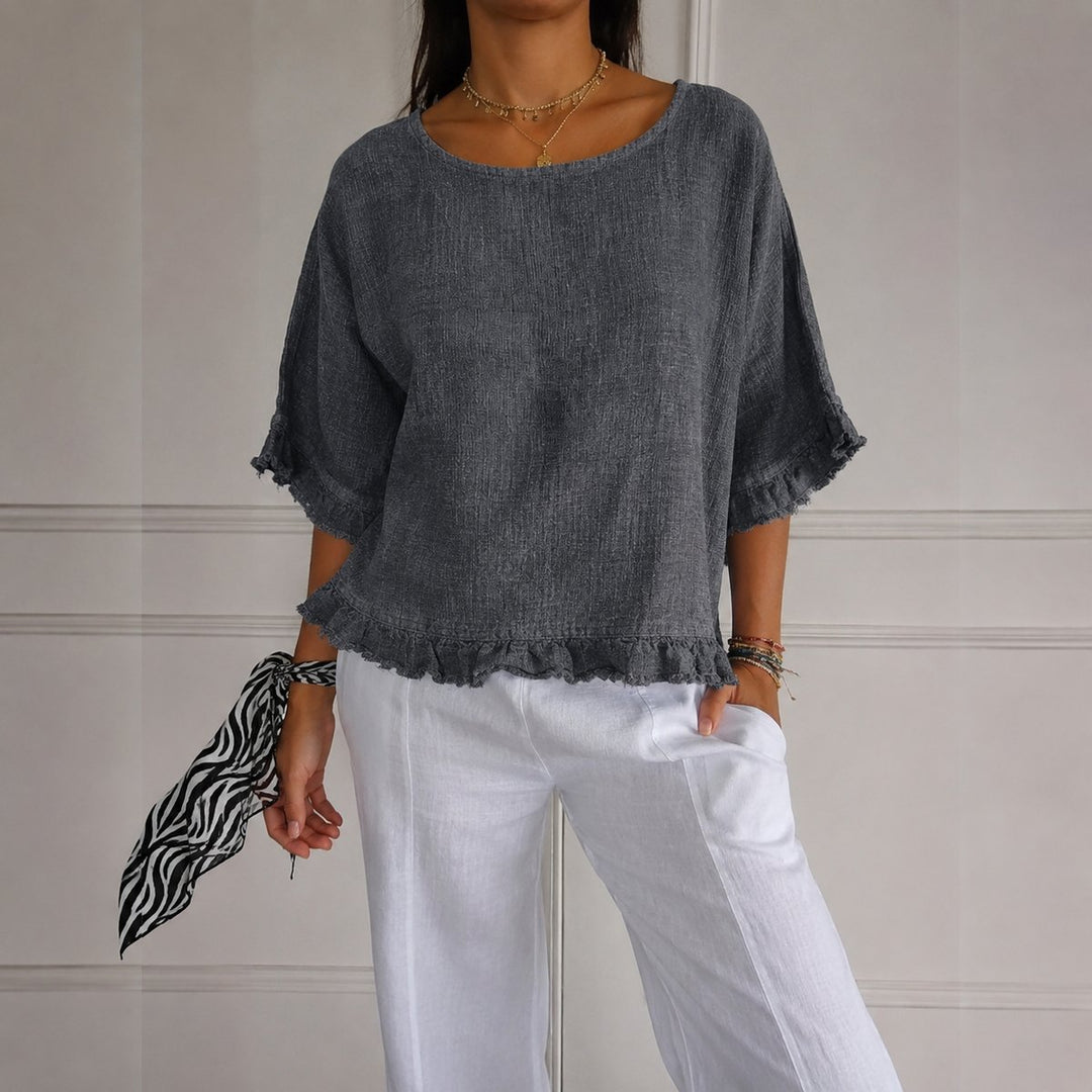 Dames Relaxed-Fit Linnen Ruffle Blouse Halve Mouwen - Grey