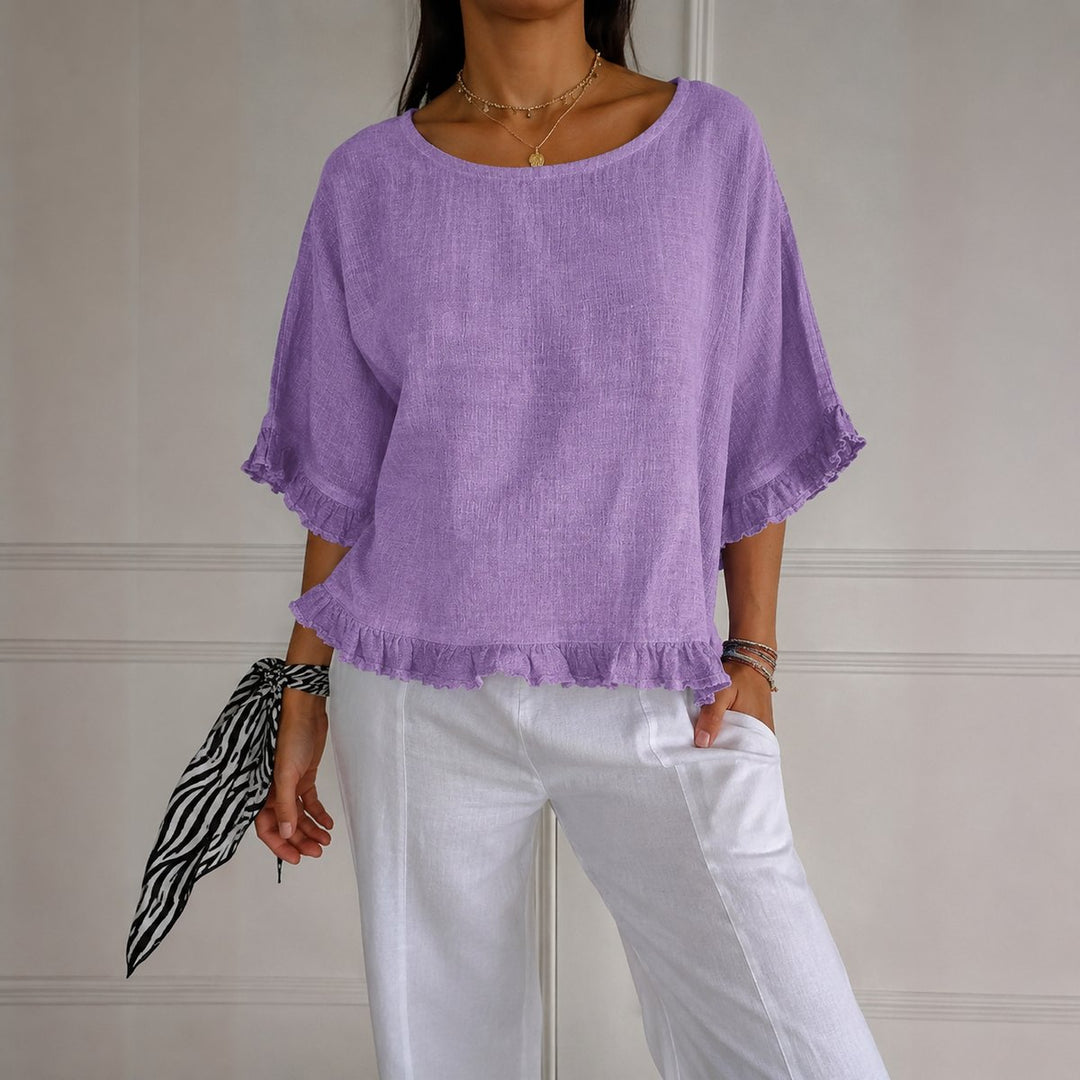 Dames Relaxed-Fit Linnen Ruffle Blouse Halve Mouwen - Purple