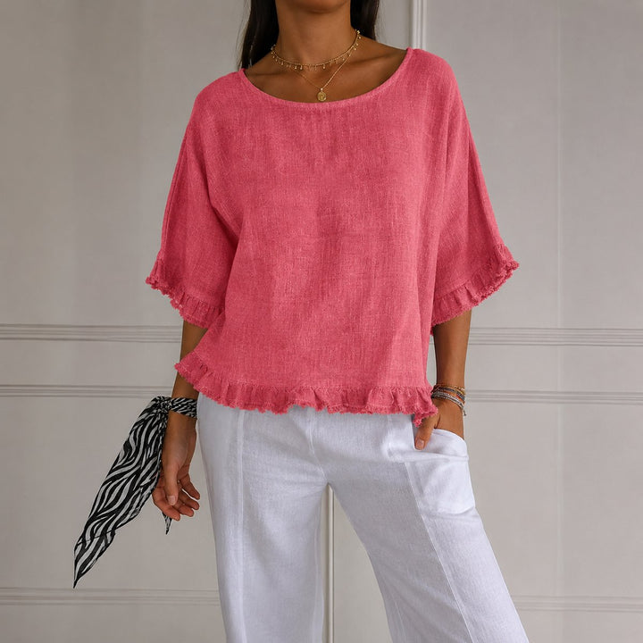 Dames Relaxed-Fit Linnen Ruffle Blouse Halve Mouwen - Pink