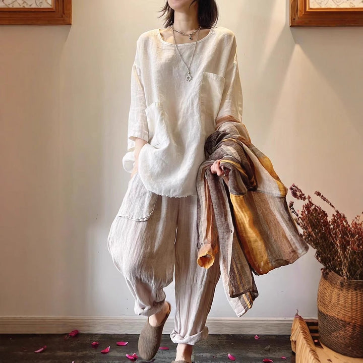 Dames Relaxed-Fit Linnen Tunic Driekwart Mouwen Opgestikte Zakken