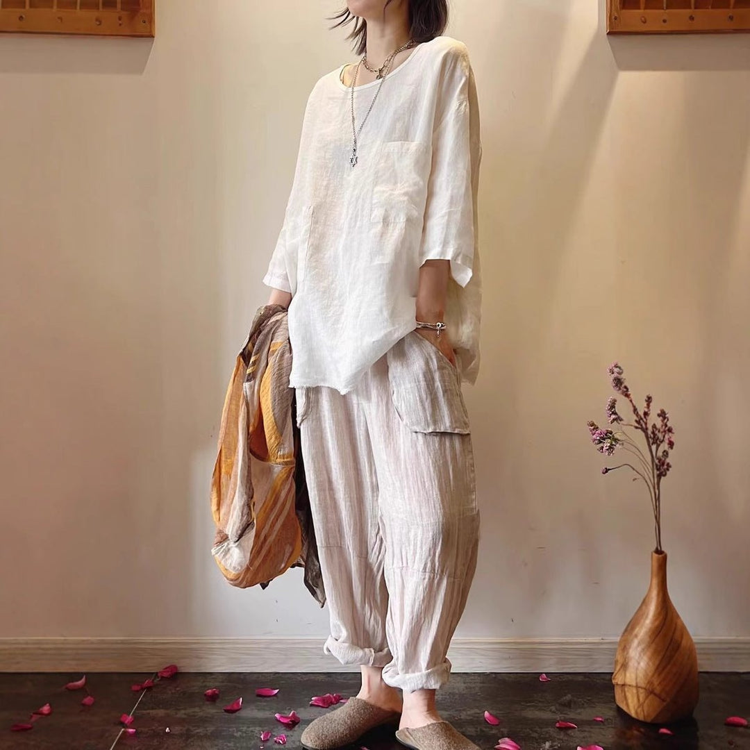 Dames Relaxed-Fit Linnen Tunic Driekwart Mouwen Opgestikte Zakken