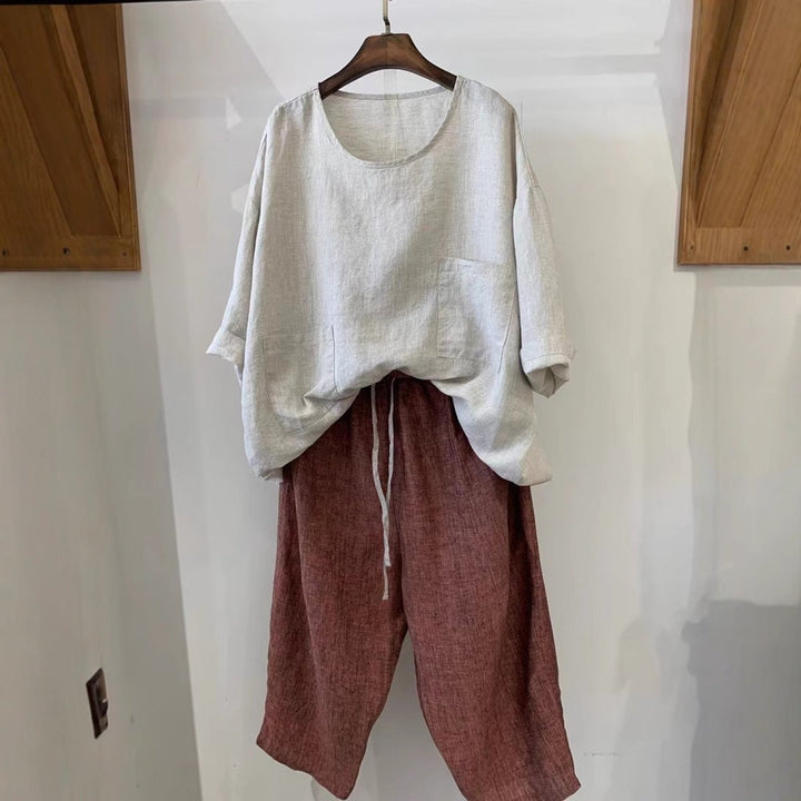 Dames Relaxed-Fit Linnen Tunic Driekwart Mouwen Opgestikte Zakken