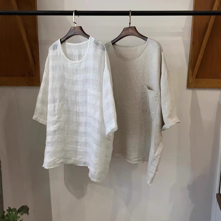 Dames Relaxed-Fit Linnen Tunic Driekwart Mouwen Opgestikte Zakken