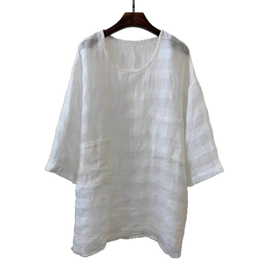Dames Relaxed-Fit Linnen Tunic Driekwart Mouwen Opgestikte Zakken