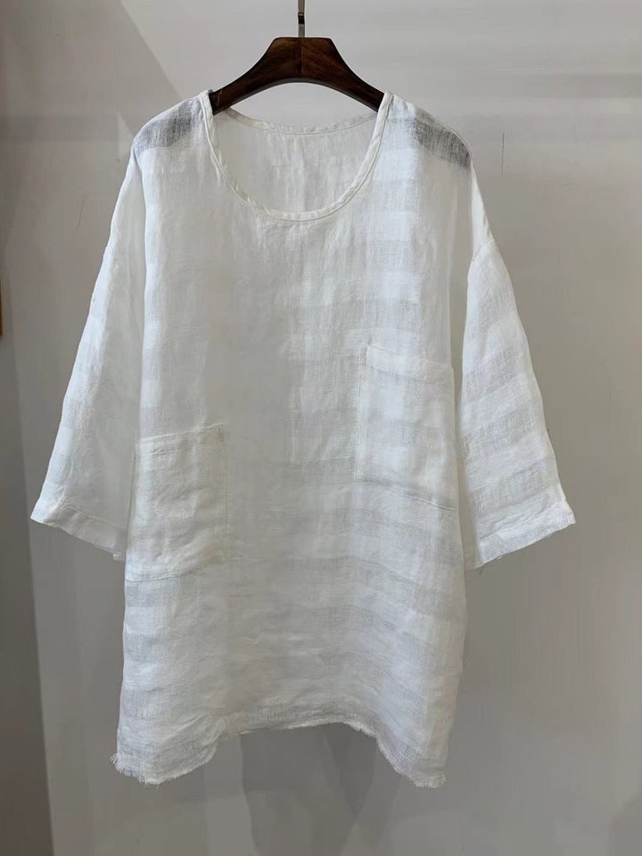 Dames Relaxed-Fit Linnen Tunic Driekwart Mouwen Opgestikte Zakken - 1