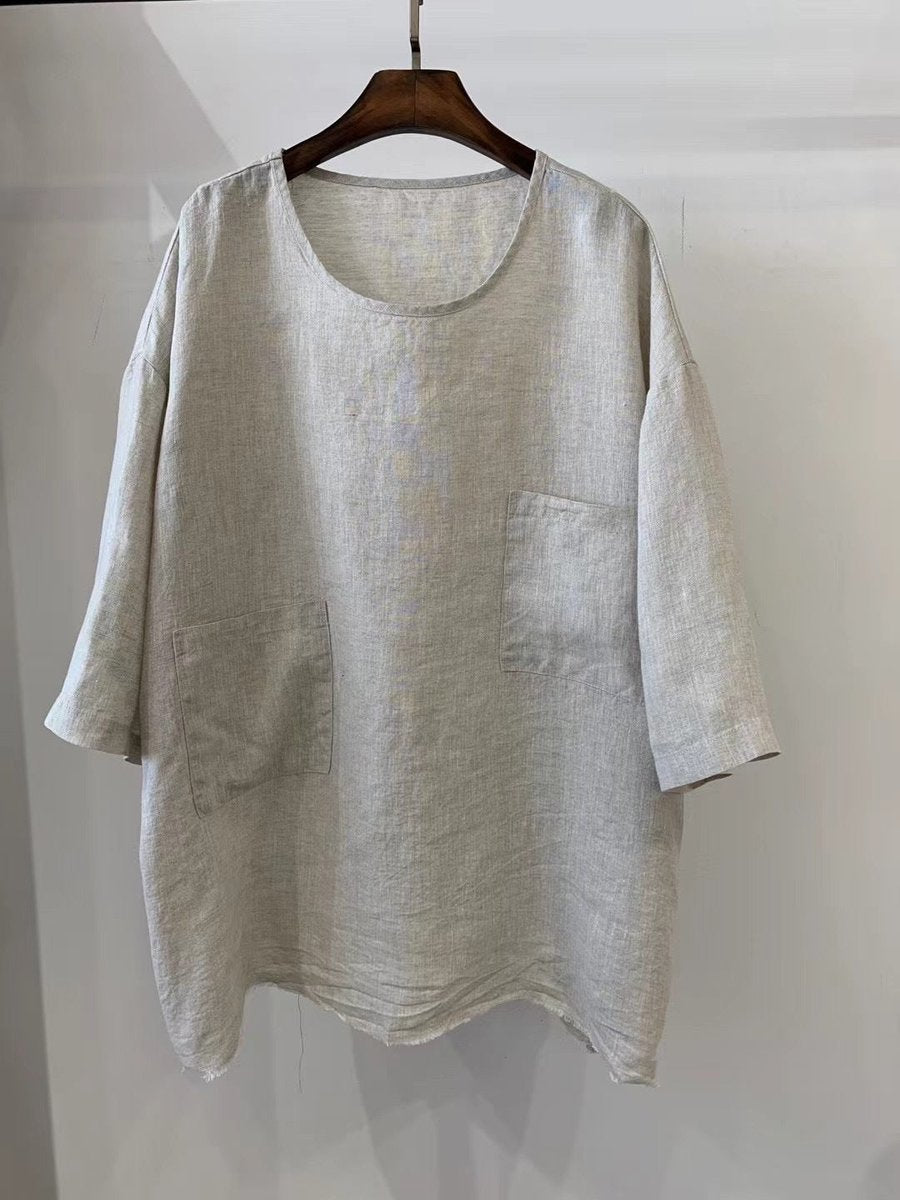 Dames Relaxed-Fit Linnen Tunic Driekwart Mouwen Opgestikte Zakken - 2