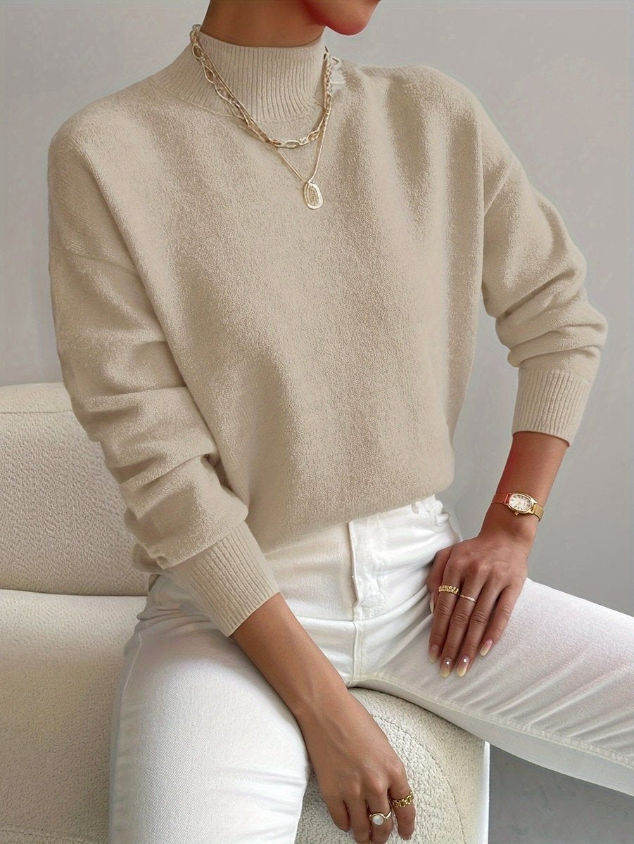 Dames Relaxed-Fit Longsleeve Mock Turtleneck Sweater - Beige