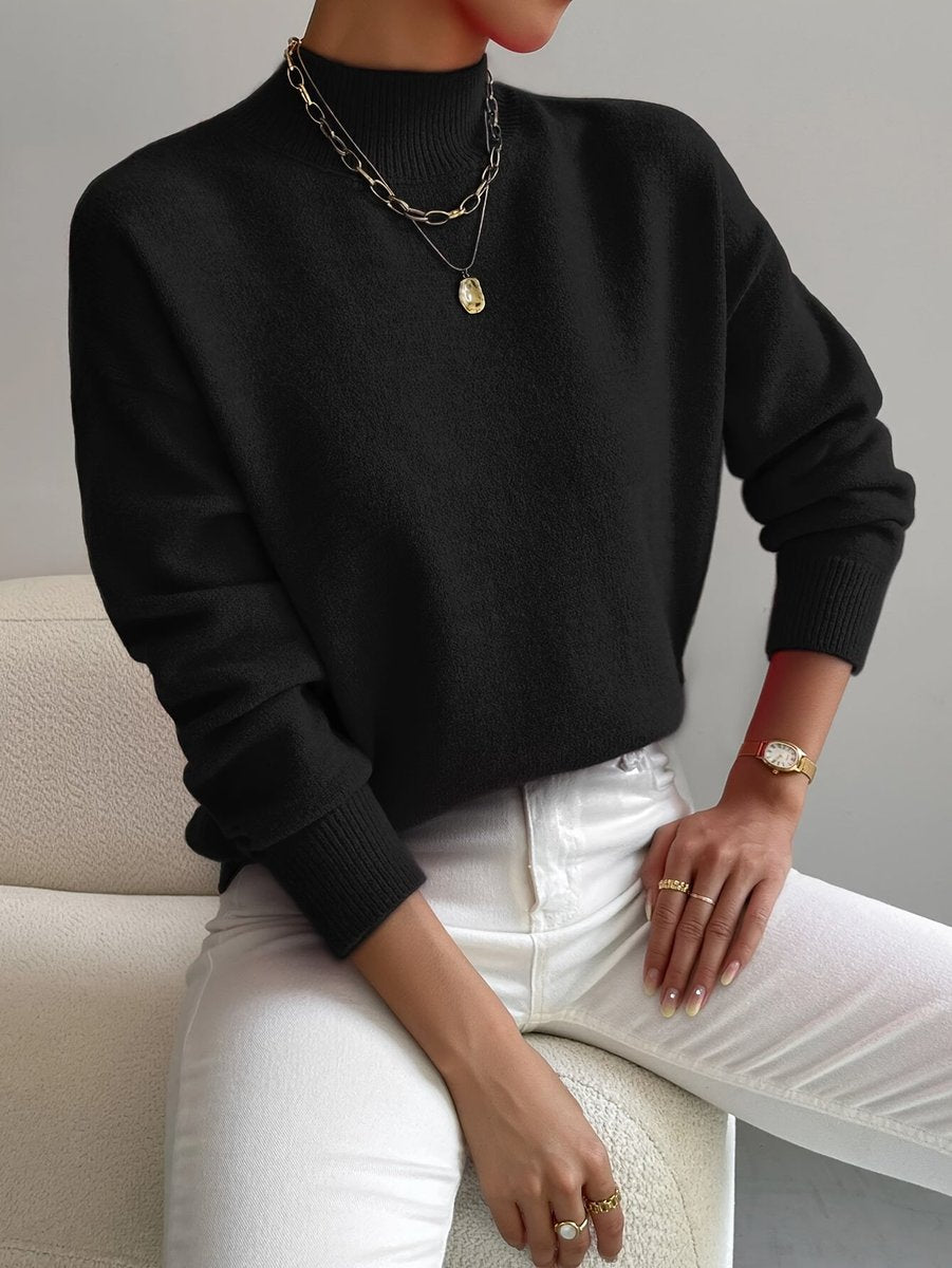 Dames Relaxed-Fit Longsleeve Mock Turtleneck Sweater - Black