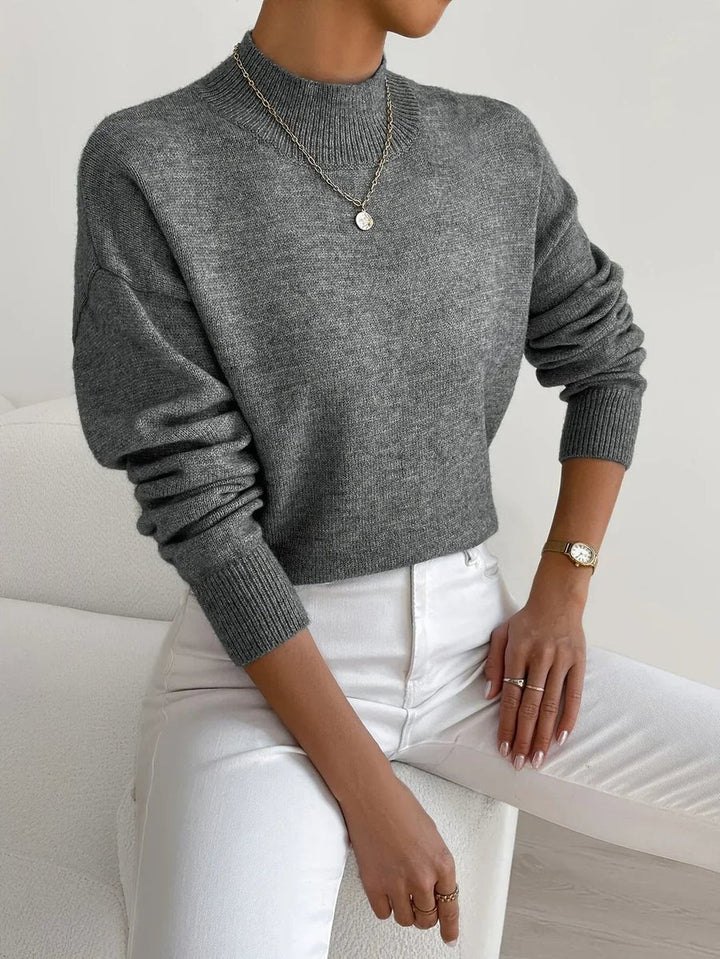 Dames Relaxed-Fit Longsleeve Mock Turtleneck Sweater - Dark Grey
