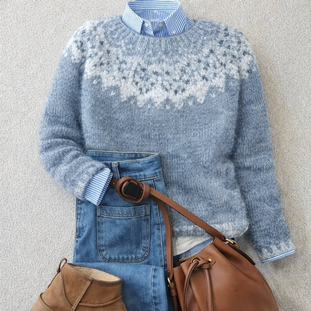 Dames Relaxed-Fit Nordische Gebreide Sweater met Yoke Patroon - Blue