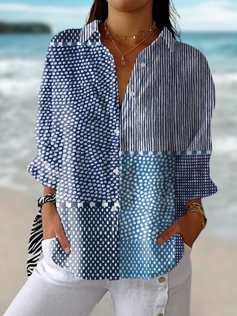 Dames Relaxed-Fit Patchwork Lange Mouw Blouse met Knoopsluiting - Multicolour
