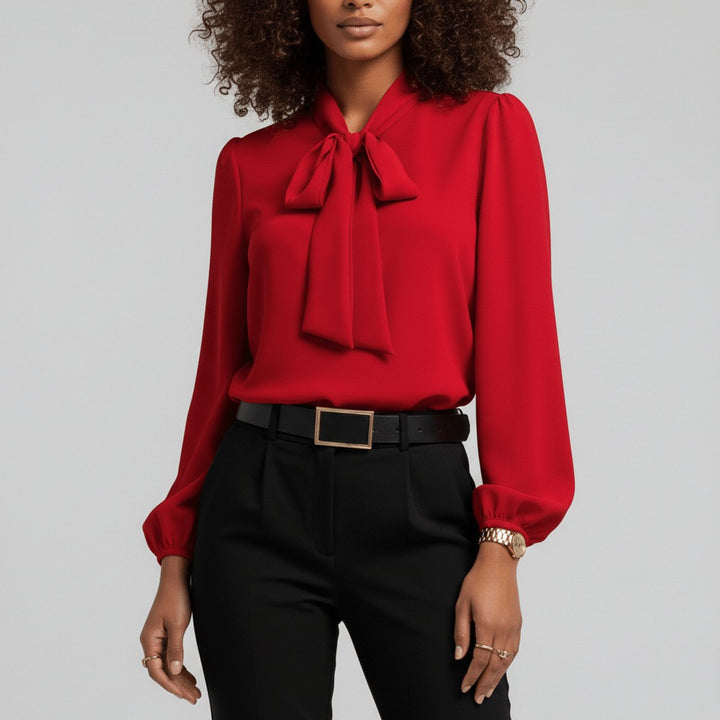 Dames Relaxed-Fit Strikje-Hals Lange Mouw Blouse - Scarlet Red