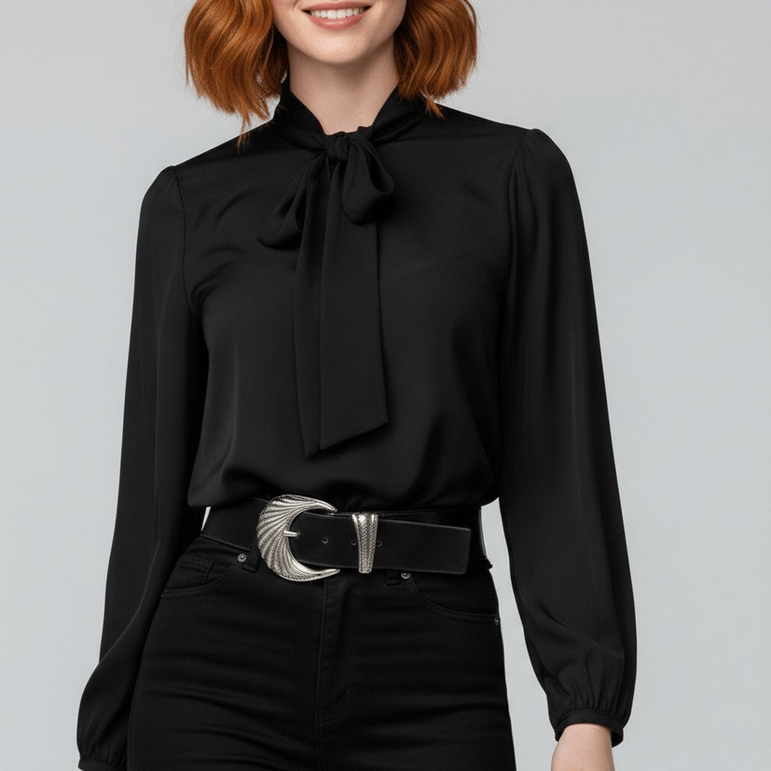 Dames Relaxed-Fit Strikje-Hals Lange Mouw Blouse - Jet Black