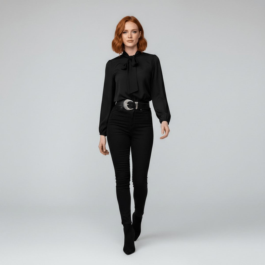Dames Relaxed-Fit Strikje-Hals Lange Mouw Blouse