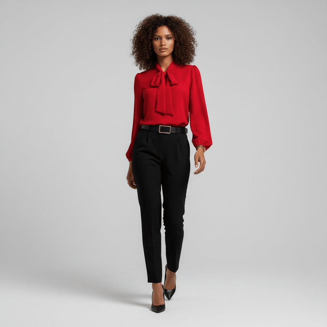 Dames Relaxed-Fit Strikje-Hals Lange Mouw Blouse
