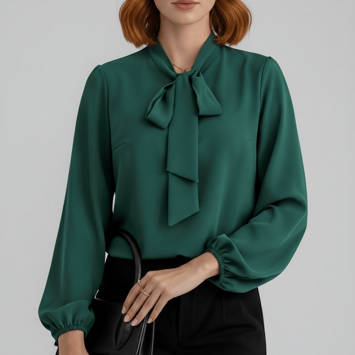 Dames Relaxed-Fit Strikje-Hals Lange Mouw Blouse - Forest Green