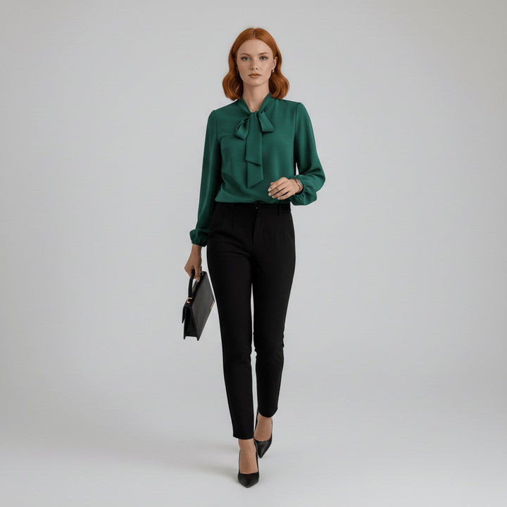 Dames Relaxed-Fit Strikje-Hals Lange Mouw Blouse