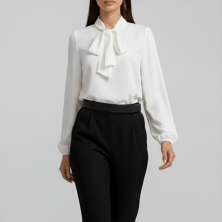 Dames Relaxed-Fit Strikje-Hals Lange Mouw Blouse - Pure White