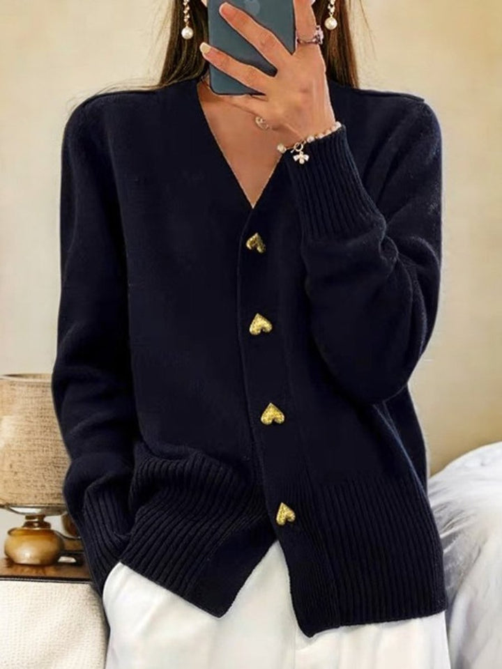 Dames Relaxed-Fit V-Hals Gebreide Cardigan Gouden Hartknopen - Black
