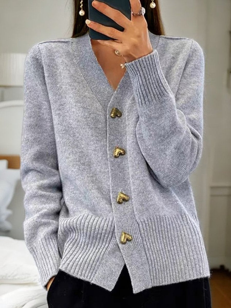 Dames Relaxed-Fit V-Hals Gebreide Cardigan Gouden Hartknopen - Grey