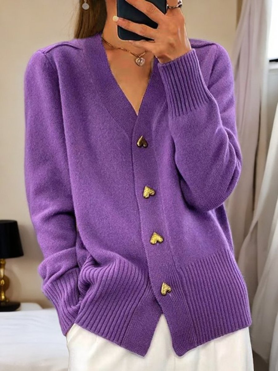 Dames Relaxed-Fit V-Hals Gebreide Cardigan Gouden Hartknopen - Violet