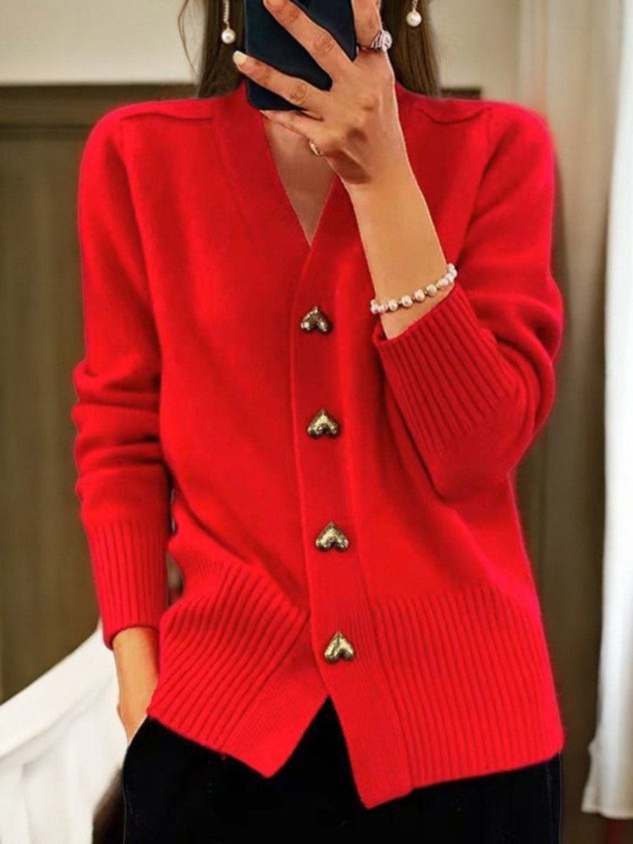 Dames Relaxed-Fit V-Hals Gebreide Cardigan Gouden Hartknopen - Red