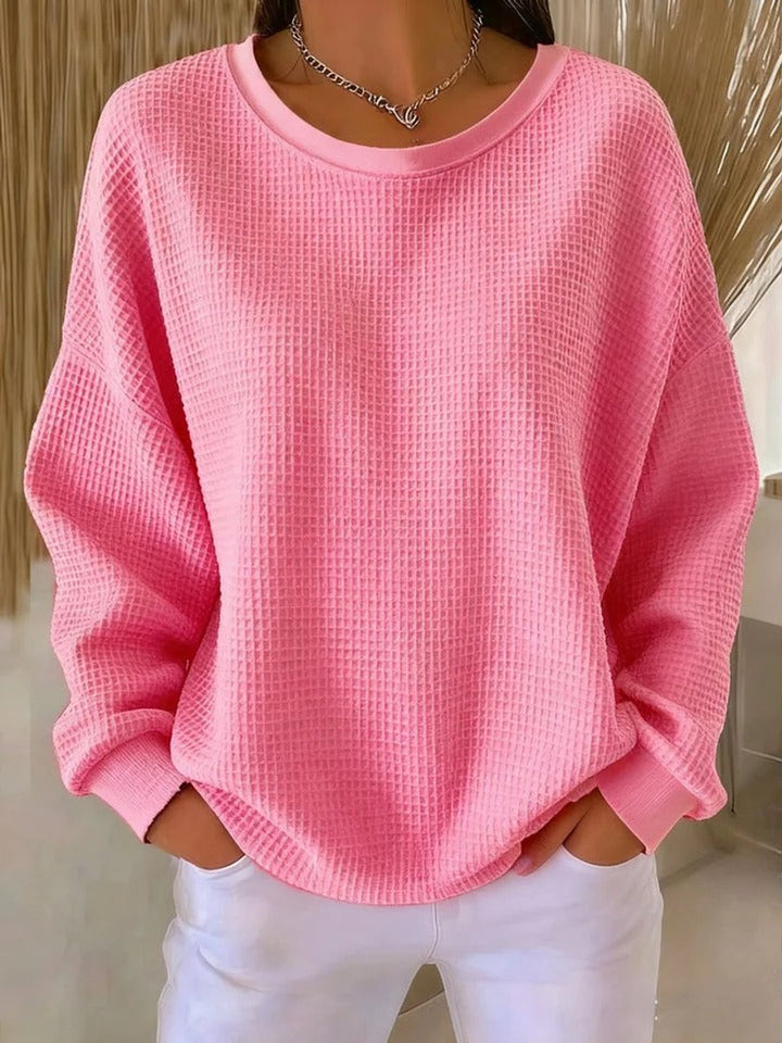 Dames Relaxed-Fit Wafelstructuur Ronde Hals Pullover Sweater - Roze