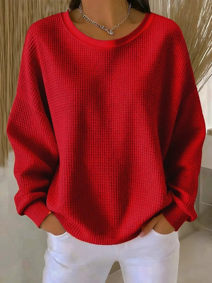 Dames Relaxed-Fit Wafelstructuur Ronde Hals Pullover Sweater - Rood