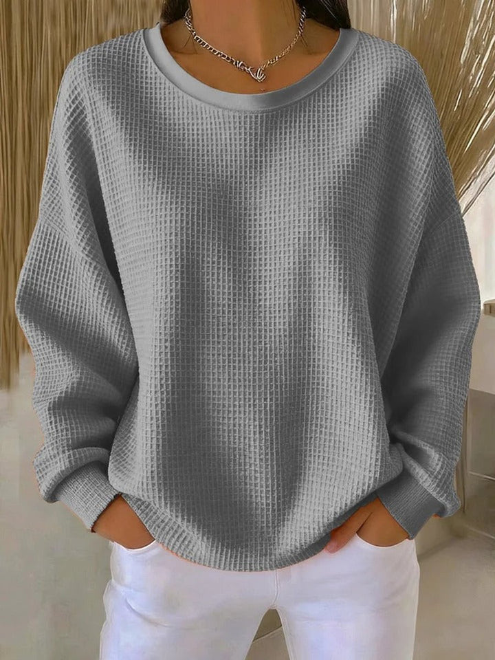 Dames Relaxed-Fit Wafelstructuur Ronde Hals Pullover Sweater - Grijs