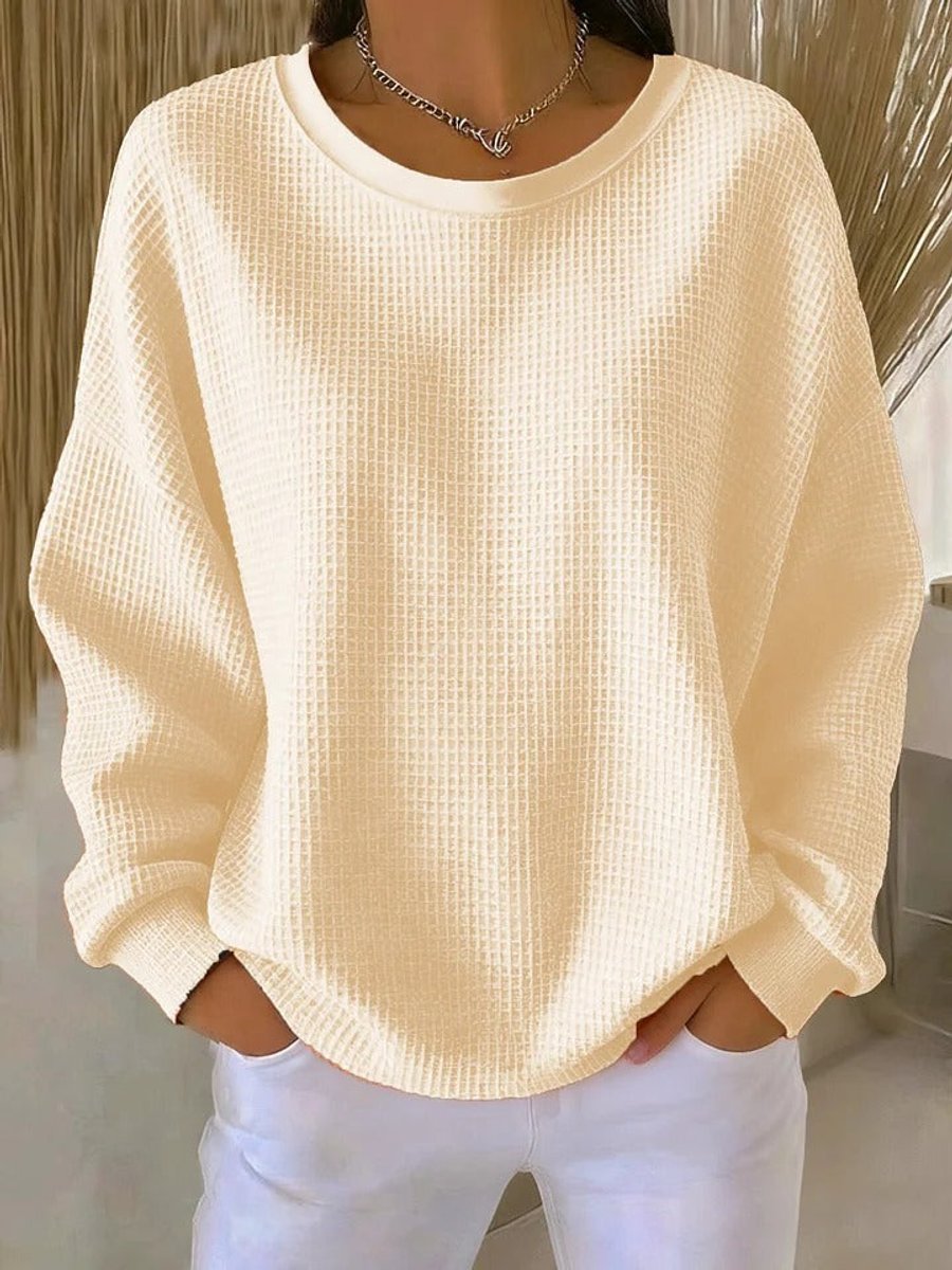 Dames Relaxed-Fit Wafelstructuur Ronde Hals Pullover Sweater - Abrikoos