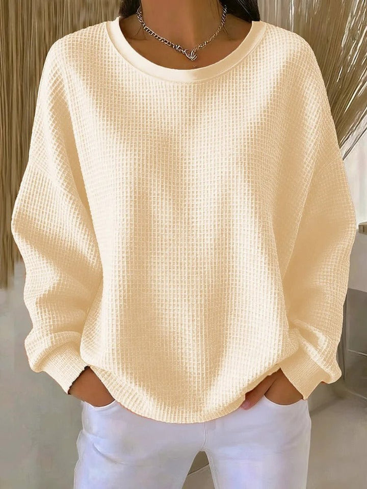 Dames Relaxed-Fit Wafelstructuur Ronde Hals Pullover Sweater - Abrikoos
