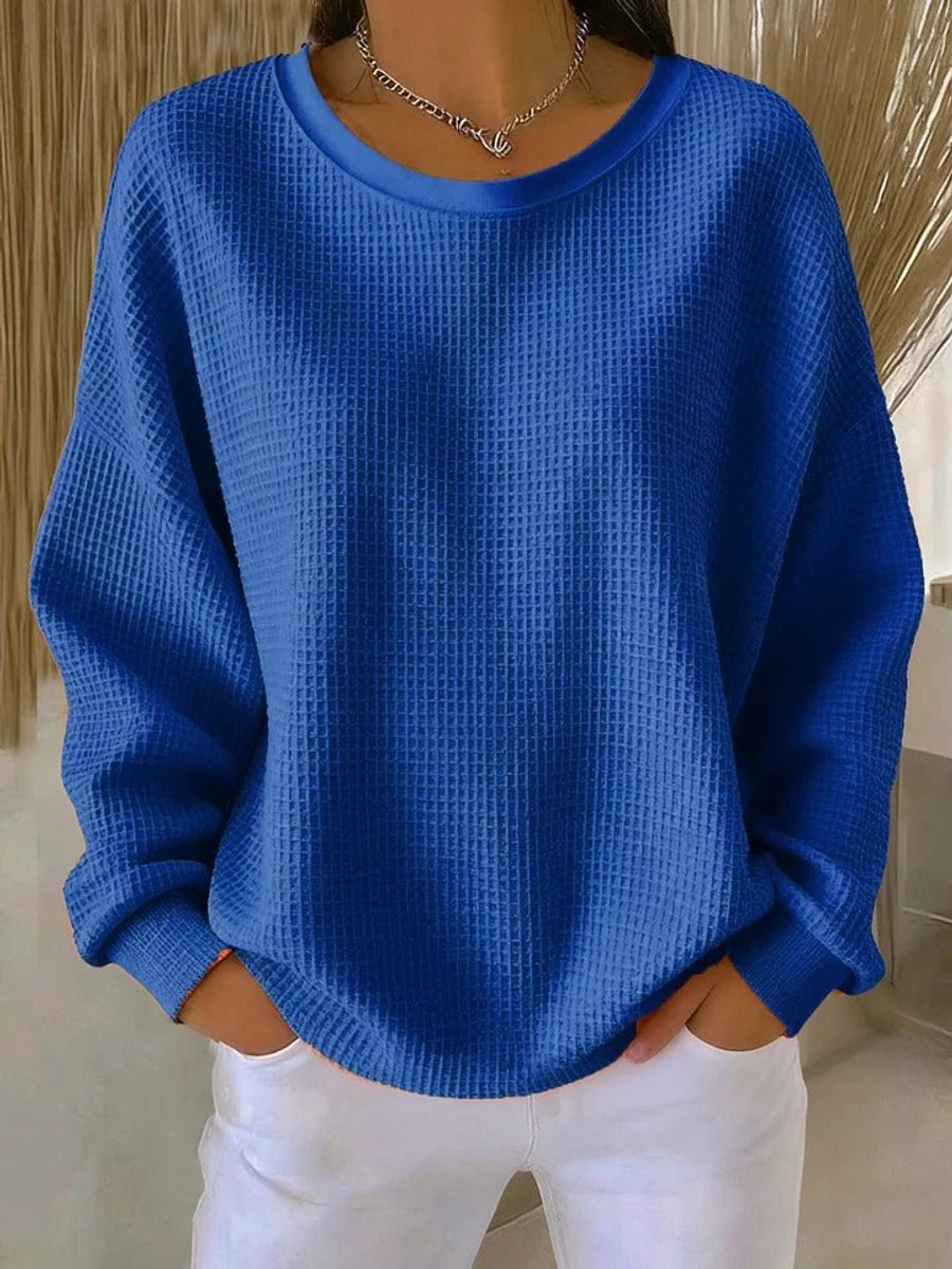 Dames Relaxed-Fit Wafelstructuur Ronde Hals Pullover Sweater - Blauw