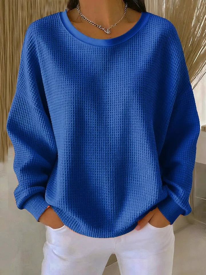 Dames Relaxed-Fit Wafelstructuur Ronde Hals Pullover Sweater - Blauw