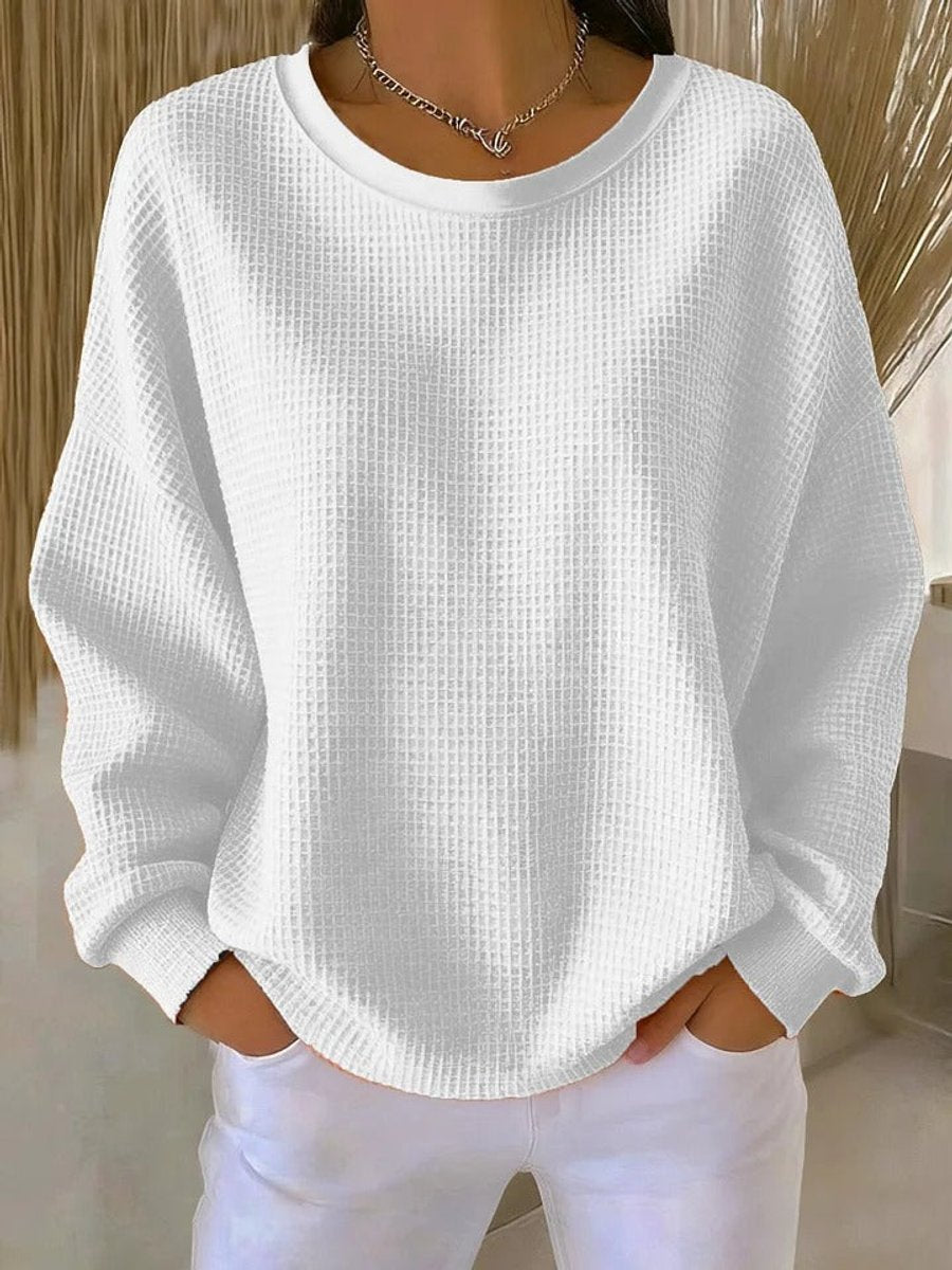 Dames Relaxed-Fit Wafelstructuur Ronde Hals Pullover Sweater - Wit