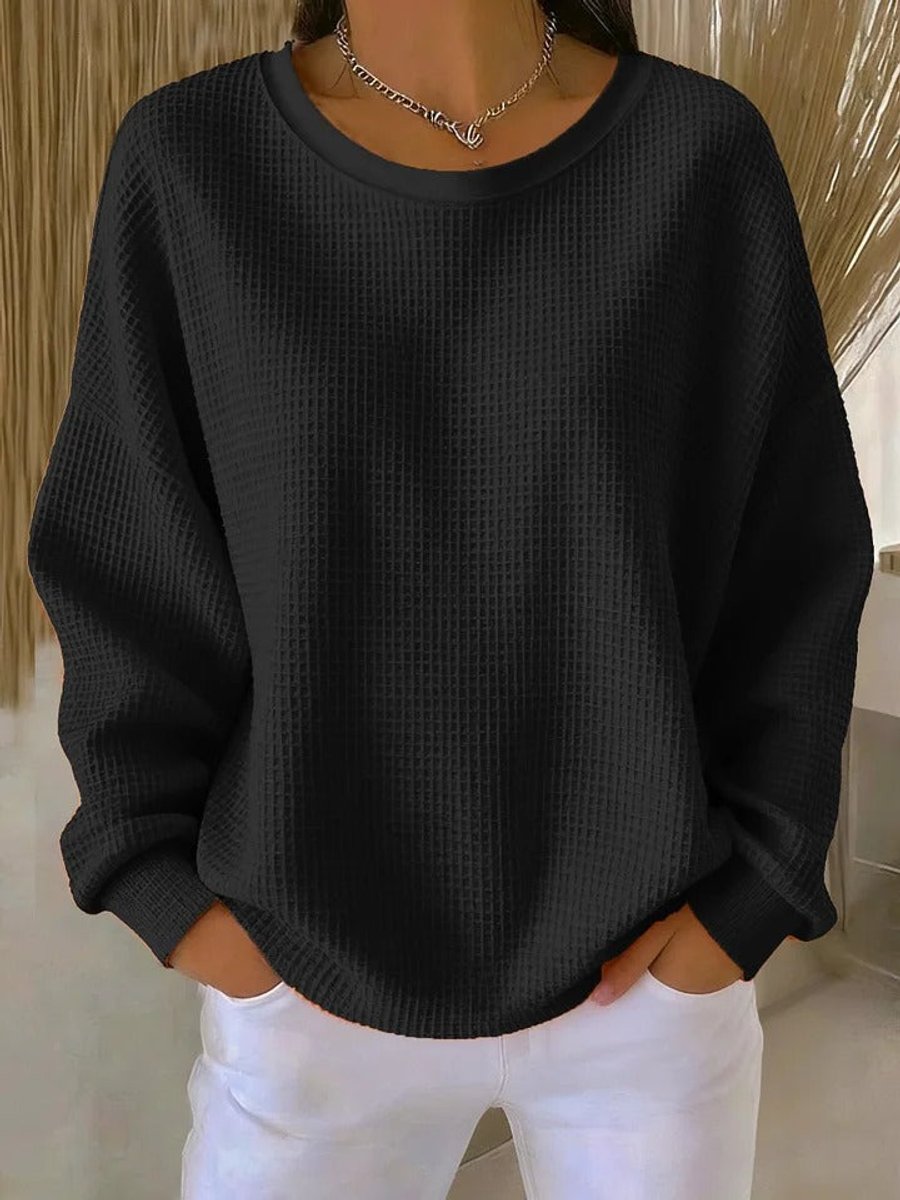 Dames Relaxed-Fit Wafelstructuur Ronde Hals Pullover Sweater - Zwart