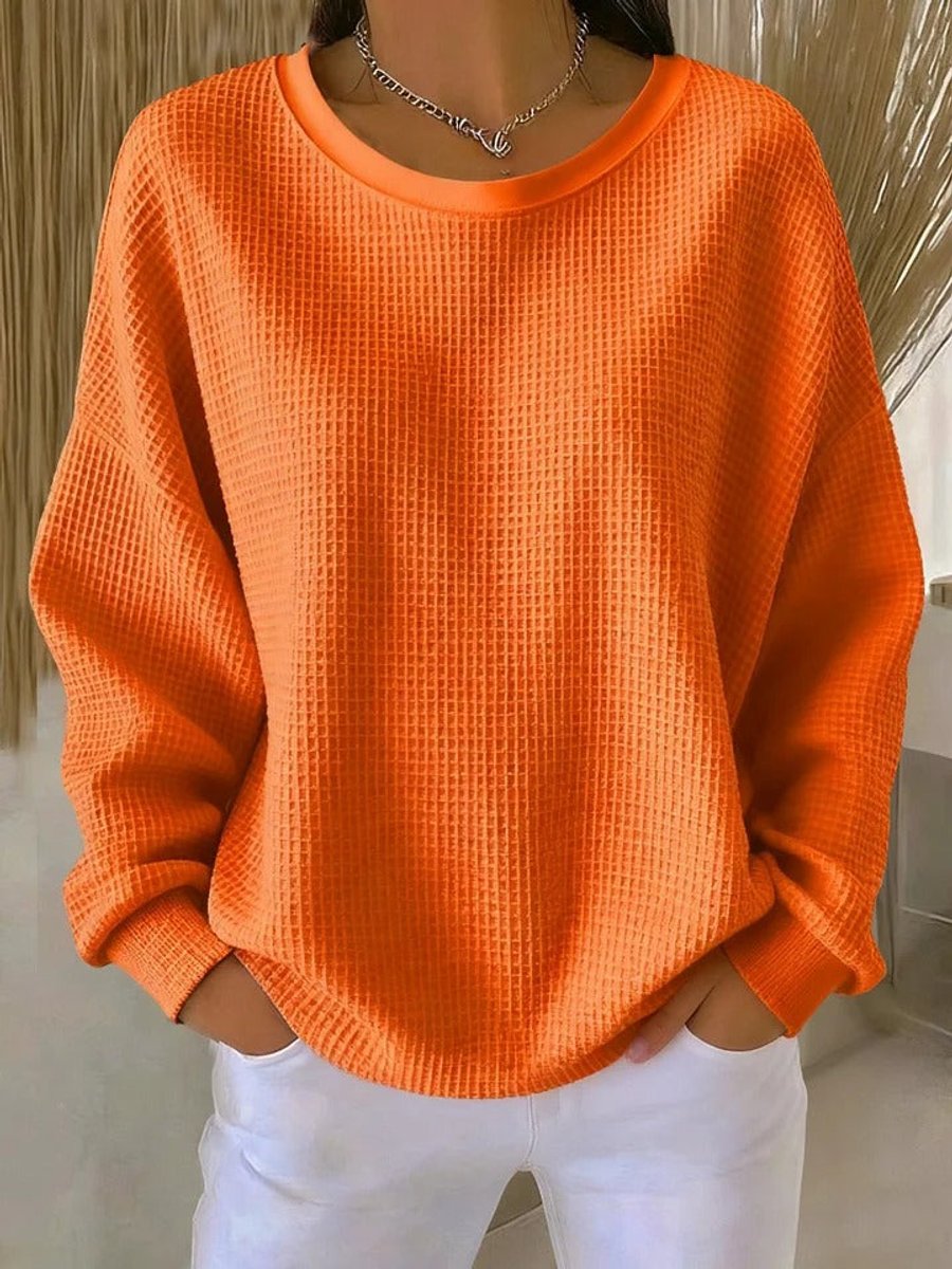 Dames Relaxed-Fit Wafelstructuur Ronde Hals Pullover Sweater - Oranje