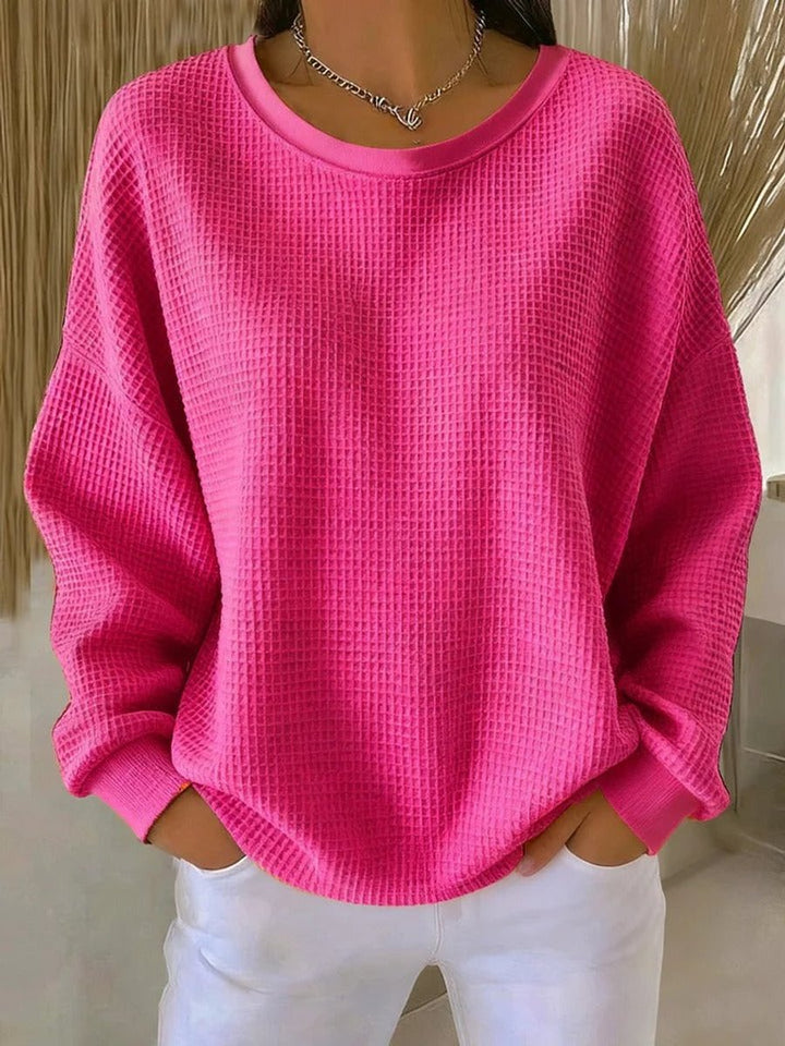 Dames Relaxed-Fit Wafelstructuur Ronde Hals Pullover Sweater - Felroze