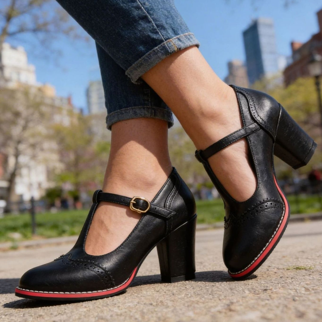 Dames Retro Brogue T-bar Pumps met Blokhak en Gouden Gesp, Black - Zwart