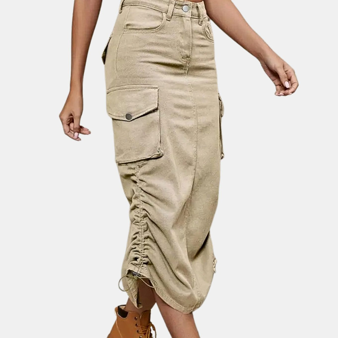 Dames Retro Cargo Midi-rok met Zakken Hoge Taille - Beige