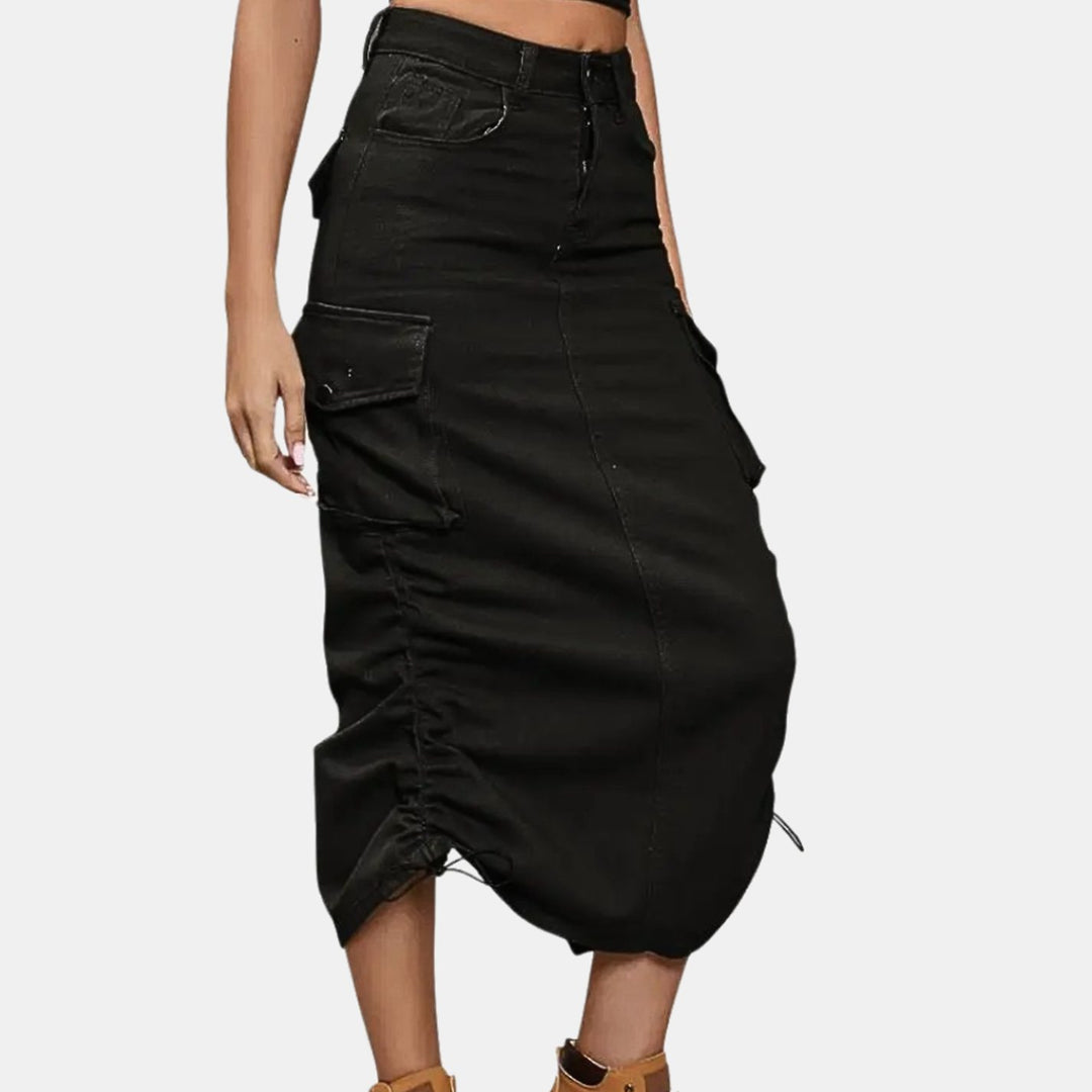 Dames Retro Cargo Midi-rok met Zakken Hoge Taille - Zwart