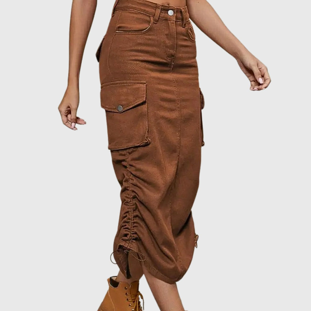Dames Retro Cargo Midi-rok met Zakken Hoge Taille - Bruin