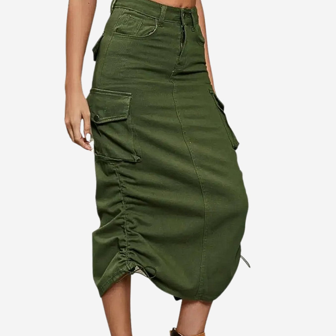 Dames Retro Cargo Midi-rok met Zakken Hoge Taille - Groen