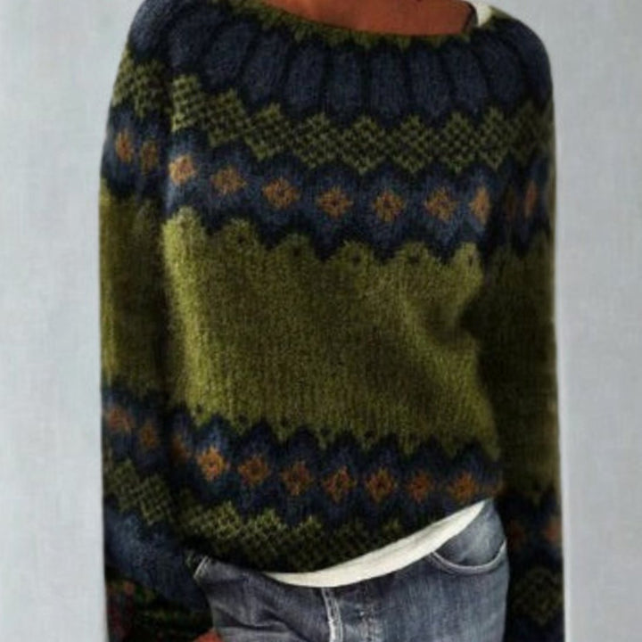 Dames Retro Fair Isle Gebreide Trui met Ronde Hals - Groen