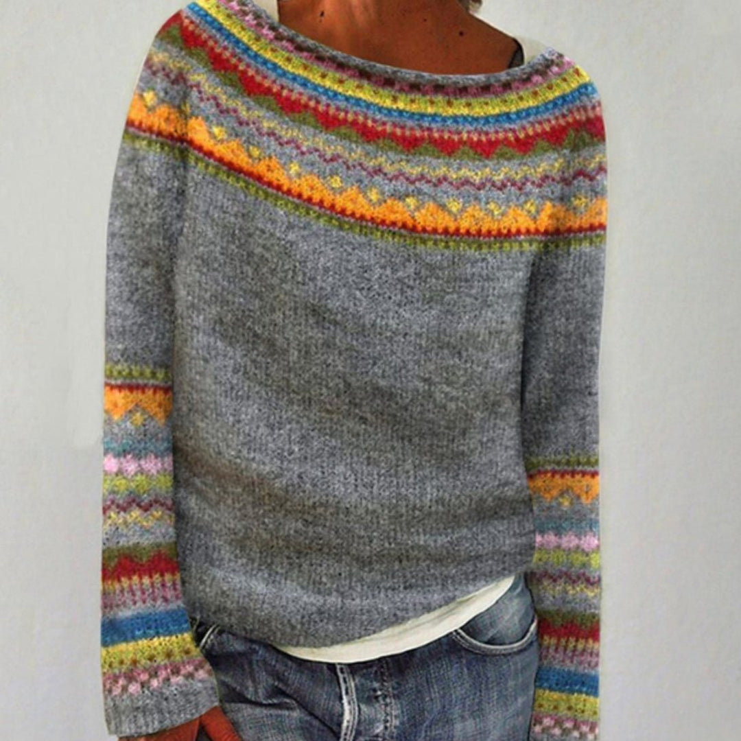 Dames Retro Fair Isle Gebreide Trui met Ronde Hals - Grijs Oranje