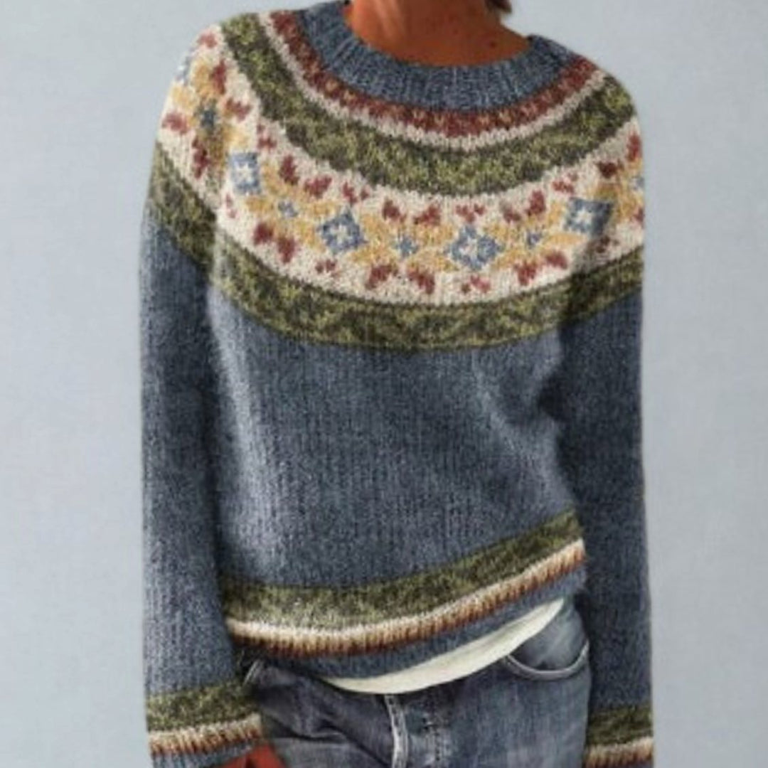 Dames Retro Fair Isle Gebreide Trui met Ronde Hals - Blauw